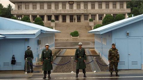 South Korean soldiers stand in Panmunjom on 27 July 2003
