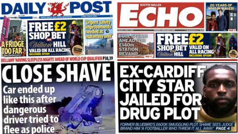 Front pages of the Daily Post and South Wales Echo with the splash headlines "Close shave" and "Ex-Cardiff City star jailed for drug plot"