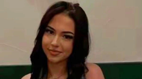 A girl with long dark hair is looking at the camera on the photo. She is prominent in the image and in front of a largely plain light background.