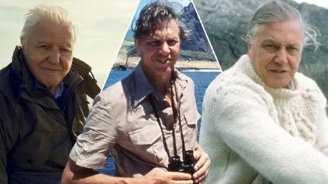 Split image of Sir David Attenborough in his documentaries Wild Isles (left), Life on Earth (middle) and The Trials of Life (right)