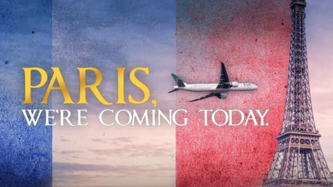 Pakistan International Airlines' ad shows a passenger jet flying towards the Eiffel Tower 