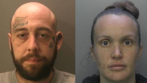 Two police mug shots - on the left a bald man with a beard and tattoos on his forehead and both cheeks stares at the camera, and on the right a woman with hair piled on top of her head also stares at the camera. 