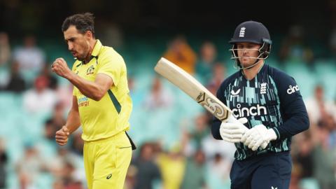 Australia's Mitchell Starc celebrates the wicket of England's Jason Roy in ODI in Sydney