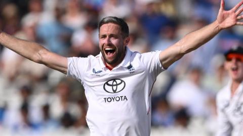 Chris Woakes appeals for a wicket while playing for England
