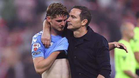 Coventry's Jack Rudoni gets a hug from Frank Lampard