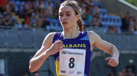 Phoebe Gill in action at the Belfast Irish Milers Meet in 2024 when she broke the European Under-18 800m record