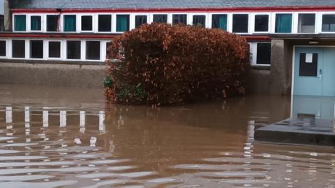 Flood water in the grounds of Bellingham School