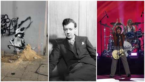Three images - artwork on a street wall of a girls digging in the sand. Benjamin Britten wearing a suit and sitting in a chair (black and white) and Justin Hawkins from the Darkness with a guitar on stage