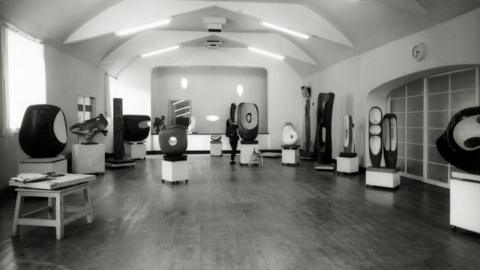 Barbara Hepworth and sculptures in the Palais de Danse, 1961. Pic: Bowness, via Historic England