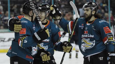 The Belfast Giants celebrates a goal