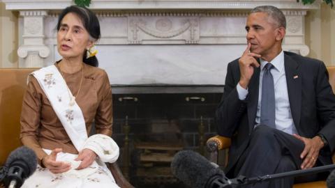 Myanmar's Aung San Suu Kyi and President Barack Obama speak to the press at the White House