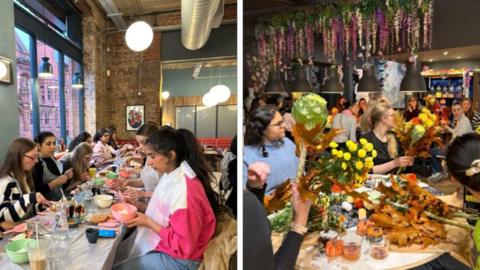 Two composite images of women sitting around tables together. On the left, 10 women are sitting at a table with multi-coloured bowls and cake bases. On the right a table is filled with bouquets of flowers as women sit around.