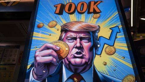 A cartoon on a machine of Donald Trump holding bitcoin