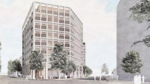 An artist's impression of an eight-storey modern office block with each elevation dominated by large windows. The design is a hexagon. There are trees around the outside. A circular building is also visible to the right.