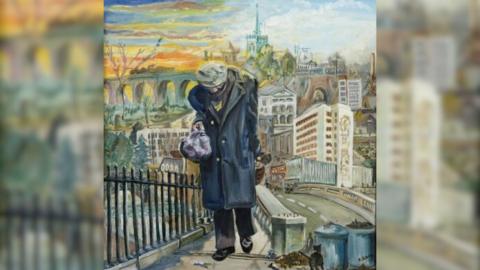 A painting of a homeless man wearing a hat and long dark coat walking through the city of Chelmsford.