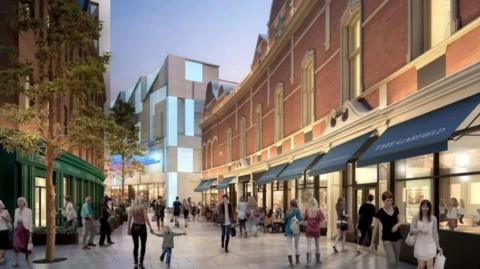 An artist interpretation of the Tribeca project in Belfast city centre. It shows a number of computer generated storefronts, as well as bars and restaurants lining the row.
