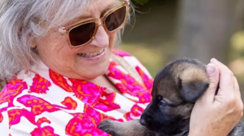 A woman in a pink, orange and white top with sunglasses is holding a German Shepherdpuppy