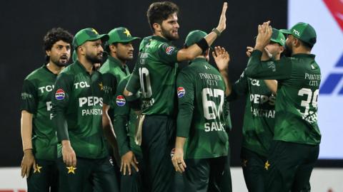 Pakistan celebrate a wicket by Shaheen Afridi (centre) in the tri-series final