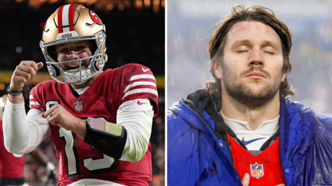 San Francisco 49ers quarterback Brock Purdy dancing after scoring a touchdown in a split picture with Buffalo's Josh Allen