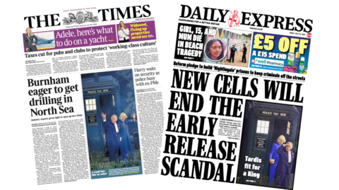 The headline on the front page of the Times reads: “Burnham eager to get drilling in ”. The headline on the front page of the Daily Express reads: “New cells will end the early release scandal”.