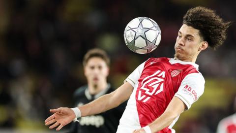 Monaco's Maghnes Akliouche controls the ball