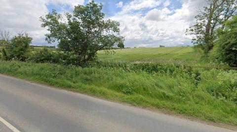 The image shows a rural roadside scene with open agricultural land beyond a hedge-lined boundary. In the foreground, there is a two-lane road running across the bottom of the image, with a white edge line visible on the left. A strip of long grass and dense roadside vegetation separates the road from the field.