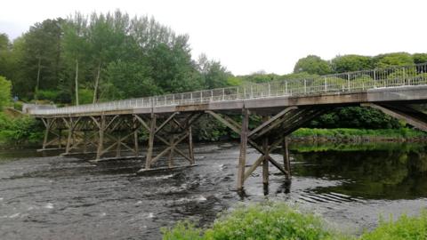 The Old Tram Bridge with wooden trestle-style supports, looking weathered and darker in places, beneath the concrete deck. There are shrubs and trees in the foreground and background. 