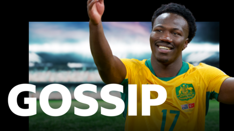 Gossip graphic and picture of Nestory Irankunda wearing a yellow Australia shirt with green trim