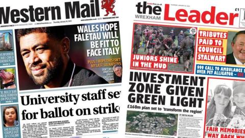 Front pages of the Western Mail and Wrexham Leader