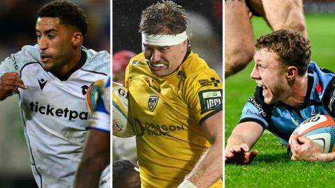 Keelan Giles of Ospreys, Dragons' Aaron Wainwright and Cardiff's Tom Bowen in URC round town action