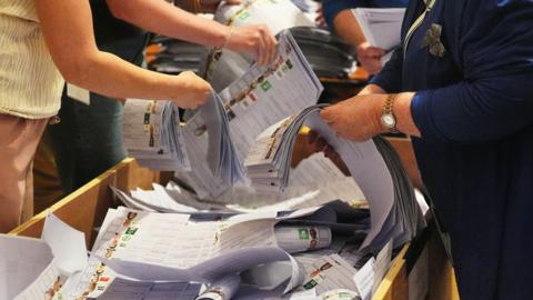 Counting staff at Cork City Hall sort ballots during local elections in Cork, Ireland.