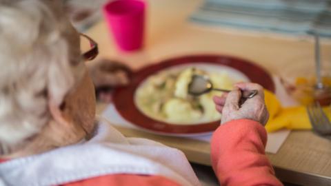 An elderly woman is seen from behind sitting at a table eating her lunch. She has short curly white hair and wears glasses. She wears a coral jumper over a white collared blouse. She is using a spoon to take a mouthful of food from a plate with a red rim. 