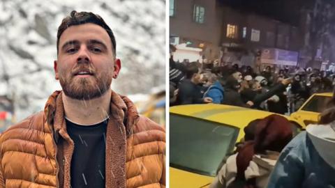 Composite image of Efran Sultani and protests in Iran