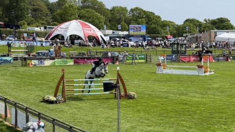 A horse and rider jump over a jump while crowds watch at the show on a sunny day.