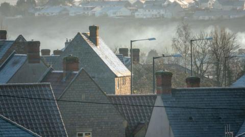 A group of houses next to deciduous trees. There is fog surrounding the houses.