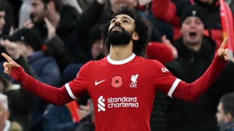 Mohamed Salah celebrates scoring against Brentford