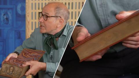 Split image of different angles of man holding a book with vanishing fore-edge paintings on a book