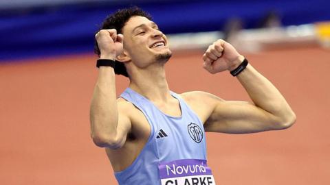 Joel Clarke-Khan celebrates winning the men's high jump men final at the UK Athletics Indoor Championships 
