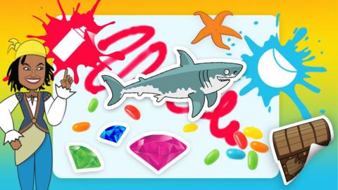 CBeebies Creative Lab game with shark stickers, a pirate, gems and treasure chest.