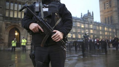 Armed police outside the Houses of Parliament