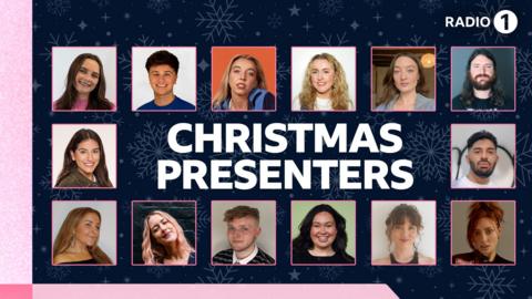 Text reading 'CHRISTMAS PRESENTERS' on a blue background with snowflakes on it. The text is surrounded by small square pictures of the 14 Christmas presenters.