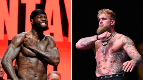Split image of Deontay Wilder weighing in and Jake Paul weighing in