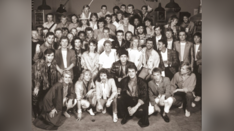 The infamous group image of all the artists who performed at Live Aid in 1985, as captured by celebrity photographer Brian Aris. 