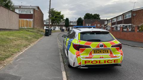 A police car is parked on a street with its rear facing the camera. On the left is a pavement with some bins on, which a grass verge. To the right is a brick wall. There are houses in the background of the image
