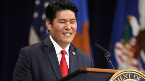 Robert Hur delivers remarks during Deputy Attorney General Rod Rosenstein's farewell ceremony at the Robert F. Kennedy Main Justice Building May 09, 2019 in Washington, DC