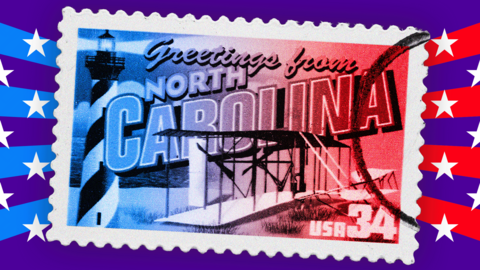 An image of a blue and red-tinted North Carolina postage stamp over a purple background with white stars and blue and red stripes. The stamp features the Wright brothers plane and the Cape Hatteras lighthouse with an inscription that reads 'Greetings from North Carolina'