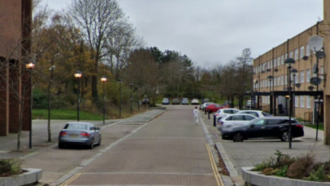 A road with cars parked on either side and a block of low flats along the right