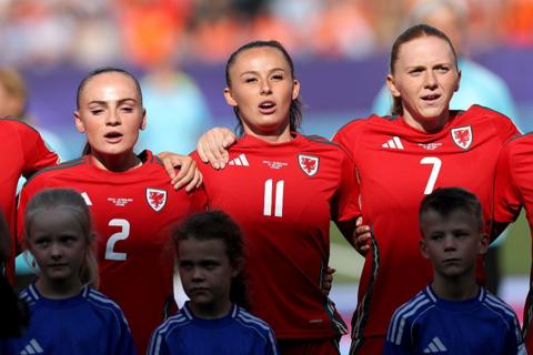Hannah Cain during national anthem v Netherlands