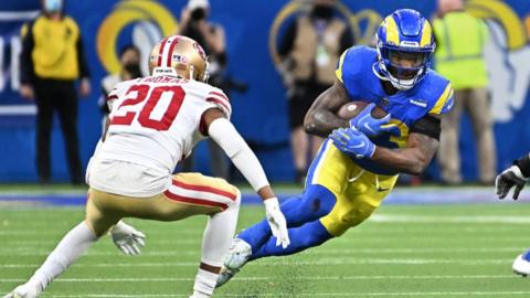 LA Rams running back Cam Akers takes on the San Francisco 49ers defence in the NFC Championship Game.