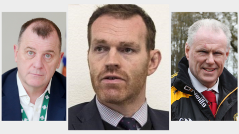 Irish FA chief executive Patrick Nelson, Ulster Rugby chief executive Jonny Petrie and Ulster GAA secretary and chief executive Brian McAvoy